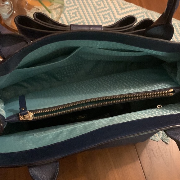 Kate Spade Bow Handbag + Large Ziparound Wallet Clutch Set Navy Ostrich - Picture 4 of 9